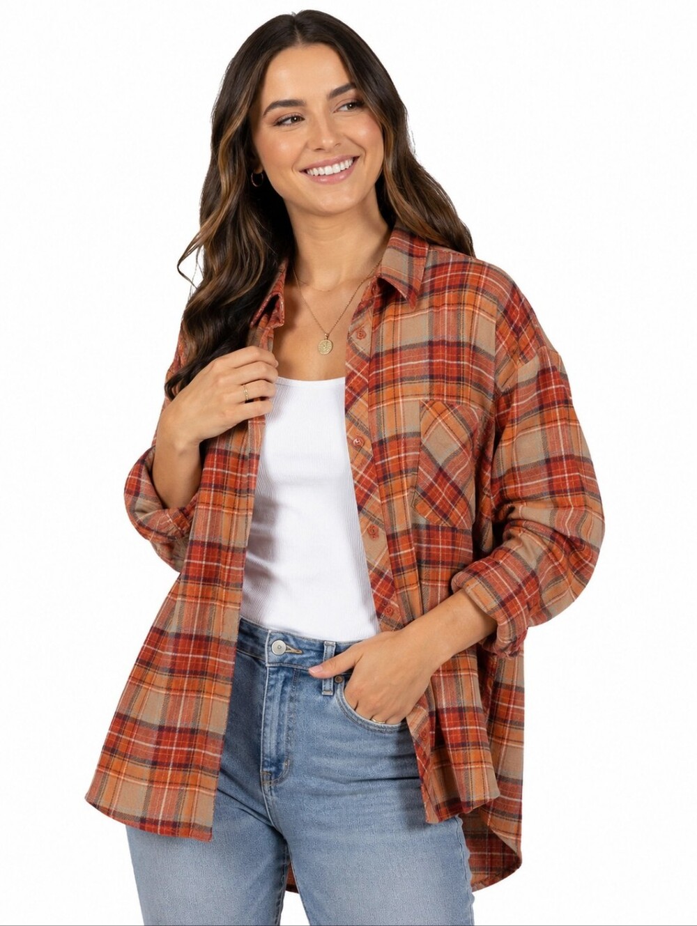 Weatherproof Vintage Plaid Flannel Shirt Orange High Low Hem